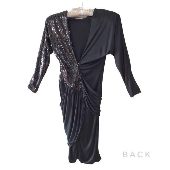 DOVIZIA Black Vintage Cocktail Dress Sz 8 Sequins Bodycon New Years Eve Holidays - Picture 2 of 10